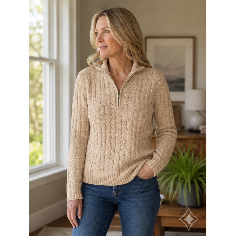 LL Bean Cable Knit Cardigan Womens M Beige Excellent Full Zip Chunky Coastal